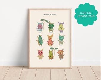 Puede incluir: Un póster digital imprimible que presenta una colección de nueve personajes de Korok de dibujos animados de la serie de videojuegos The Legend of Zelda. Los personajes se representan en varias poses y expresiones, cada uno con un diseño y una combinación de colores únicos. El póster se titula "Korok of Hyrule" y es ideal para los fans del juego.