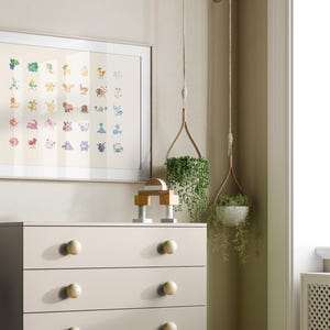 May include: A framed print of a colorful illustration of Pokemon characters. The print is hanging on a light beige wall above a white dresser with four drawers. There are two hanging plants in the corner of the room.