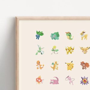 May include: A framed print featuring 24 different Pokemon characters. The characters are illustrated in a cartoon style and are arranged in a grid pattern. The background is a light beige color.
