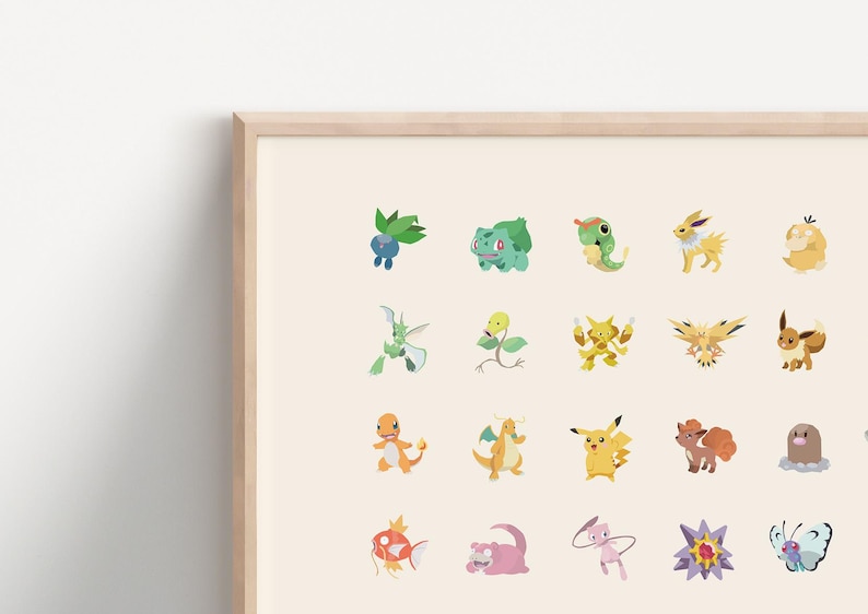 May include: A framed print featuring 24 different Pokemon characters. The characters are illustrated in a cartoon style and are arranged in a grid pattern. The background is a light beige color.