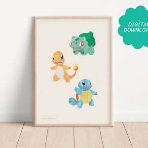 May include: Digital download of a printable poster featuring the three original Pokemon starter characters: Bulbasaur, Charmander, and Squirtle. The characters are depicted in a colorful, pixelated style.