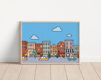 Stampa artistica di Brooklyn Brownstone: illustrazione di Cobble Hill Park, New York