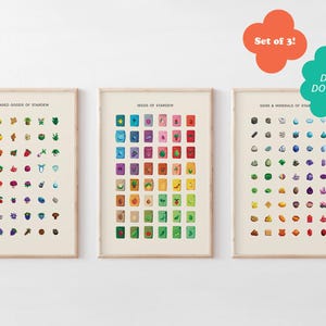 Peut inclure: Trois affiches imprimables illustrant des produits de cueillette, des graines et des gemmes et minéraux du jeu vidéo Stardew Valley. Les affiches sont encadrées dans un cadre en bois clair et sont accrochées à un mur blanc.