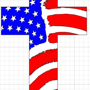 Könnte beinhalten: Ein verwittertes amerikanisches Flaggen-Design in Form eines Kreuzes. Die Flagge ist rot, weiß und blau mit Sternen auf dem blauen Feld.