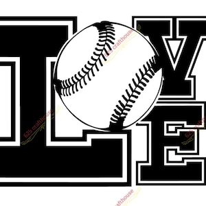 May include: Black and white graphic design of the word "LOVE" with a baseball in the centre. The letters are in a bold, blocky font.