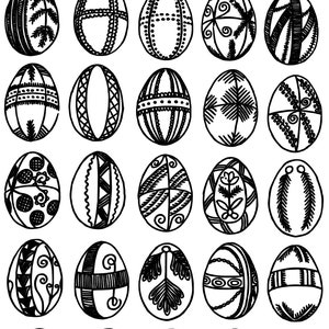 May include: A series of twenty-eight black and white Easter eggs, each with a distinct decorative pattern. The designs feature geometric shapes, floral motifs, and abstract lines, all presented in a detailed, hand-drawn style. The eggs are arranged in rows.