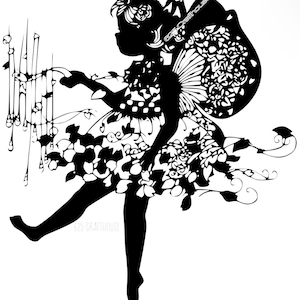 May include: Black and white silhouette of a fairy with wings made of intricate floral designs. The fairy is holding a wind chime in her hand and is standing on a small platform.