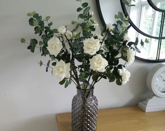 Luxury Faux Silk Rose and Eucalyptus Bouquet Long Stem Florals Faux Silk Real Touch Flowers Free Postage