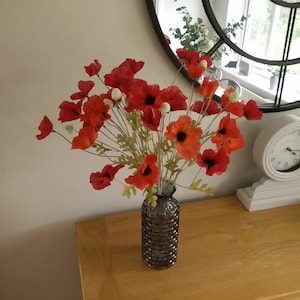 18 Heads Faux Silk Poppies x 6 Stems Artificial Flowers Rememberence Flowers Country Style Red  Poppy Wild Flowers Free Postage