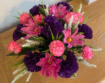 Artificial Silk Graveside Flower Arrangement Complete with Pot Carnations, Chrysanthamums and Daisys Lovingly Handmade to Order Free Postage