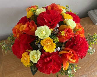 Artificial Faux Silk Flower Graveside Arrangement  Marigolds Lilies Roses Handmade to Order Autumn Shades Free Postage