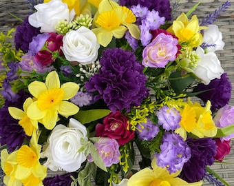 Artificial Flower Grave Arrangement, Purple and yellow Flowers Handmade for Crematorium, Memorial and Graveside Tribute Free Postage