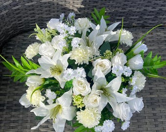 Artificial Silk Flower Grave Pot Arrangement Yellow Flowers Carnations Bud Roses Lilies and Greenery Handmade FREE POSTAGE