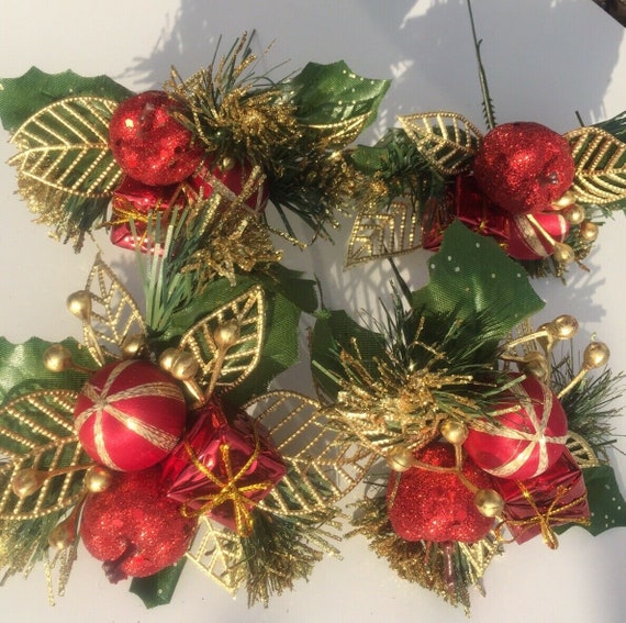 4 Christmas Picks Red and Gold Apple Leaf Parcel Decoration, Wreaths,  Crackers, Cakes, Crafts Etc 