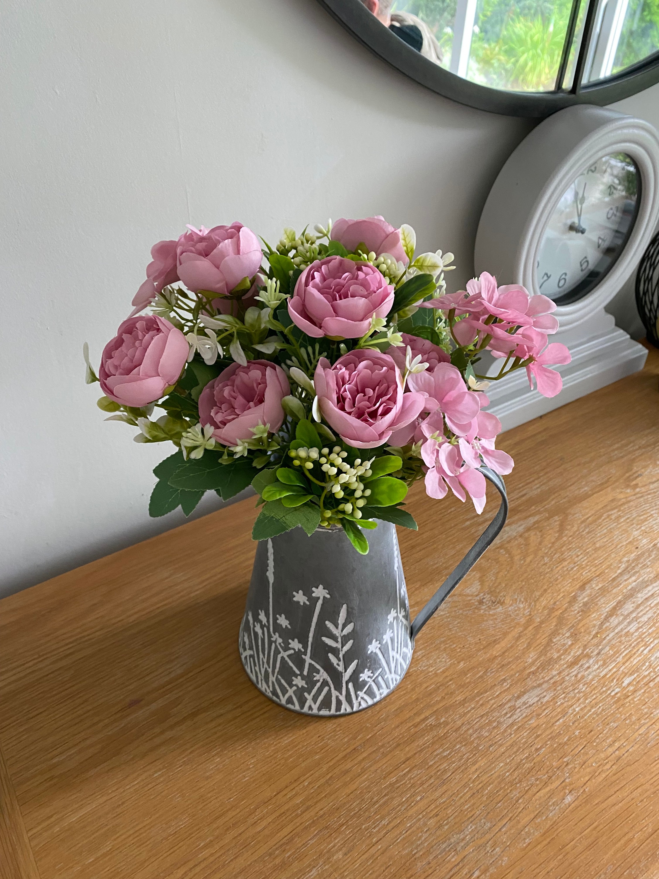 Blush Pink Flower Arrangement in a Vintage Rustic Metal Jug Flower