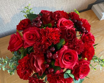Artificial Flower Graveside Flower Arrangement Red Roses Berries Grave Flower Arrangement  Crematorium Tribute Everlasting Flowers Free Post