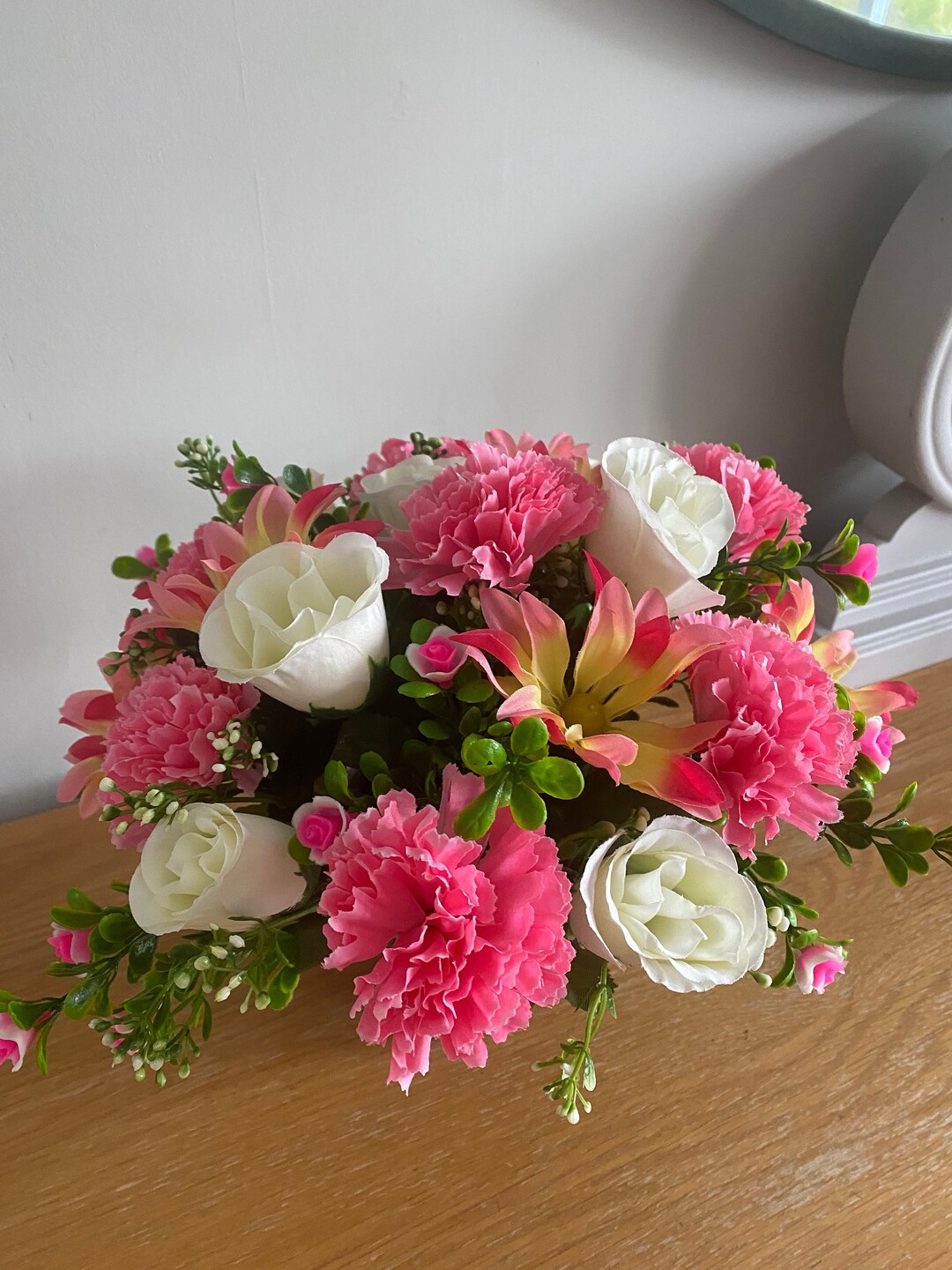 Artificial Graveside Flower Arrangement in Shades of Pink Handmade to