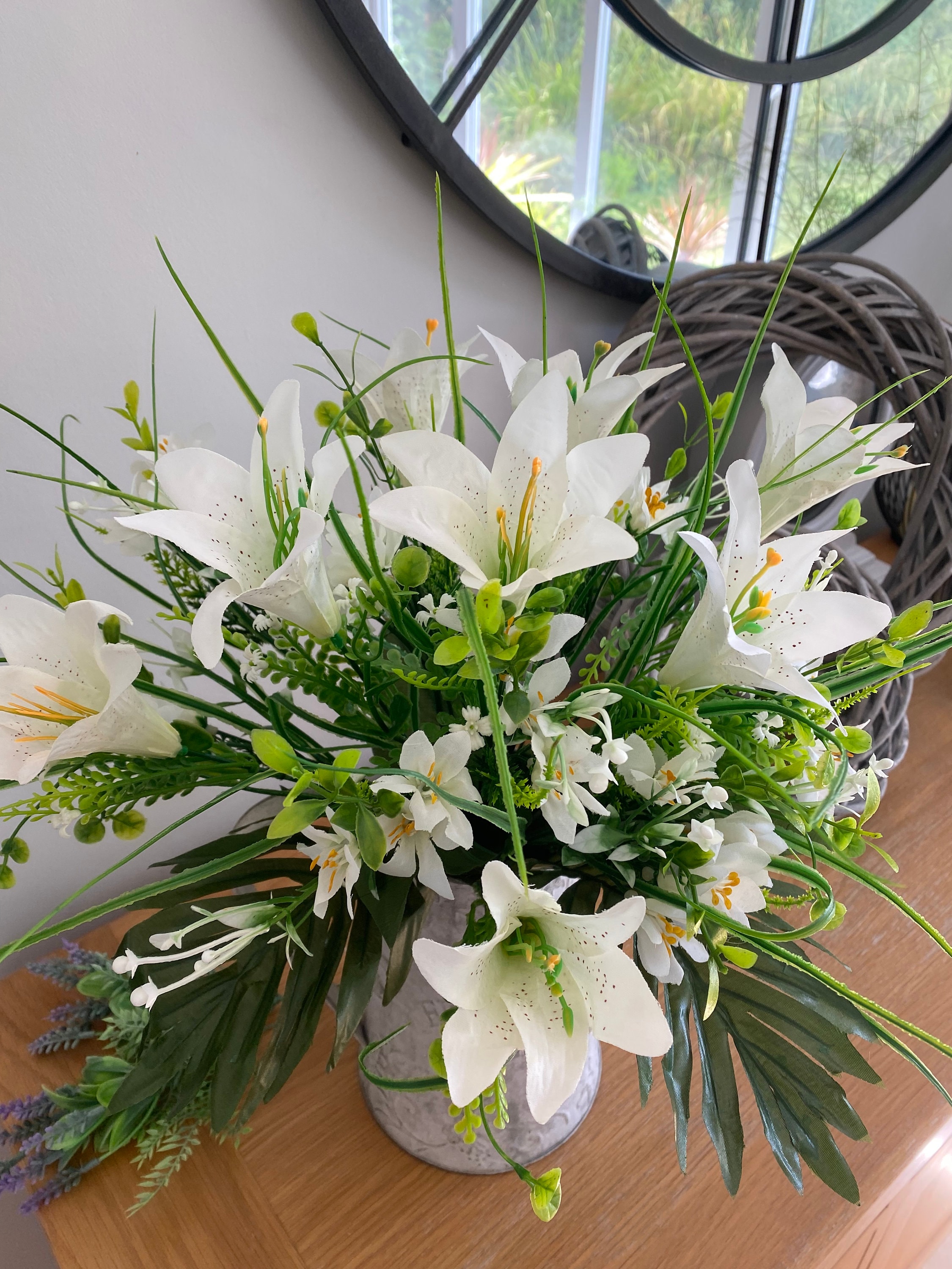 Silky Bouquets Yellow Grave Pot Pair Round and Flat-Back