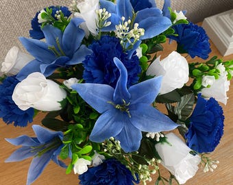 Silk Flower Graveside Flower Arrangement Cemetery Flowers Memorial Flowers with Cemetery Pot Blue and White Flowers Handmade Free Postage