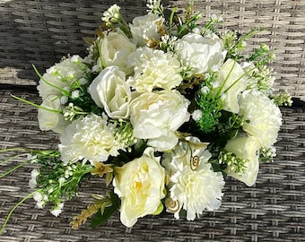 Artificial Faux Silk Flower Graveside Arrangement  Cream Peony and Roses Handmade to Order Cream/White Free Postage