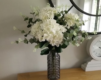Faux Silk Ivory Hydrangea and Eucalyptus Bouquet Home Decor Wedding Crafts Gift for her Luxury Quality Free Postage
