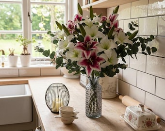 Vase full of Lilies and Eucalyptus Luxury Faux Silk Flower Arrangement Complete with Grey Glass Vase Faux Floral Arrangement FREE POSTAGE.