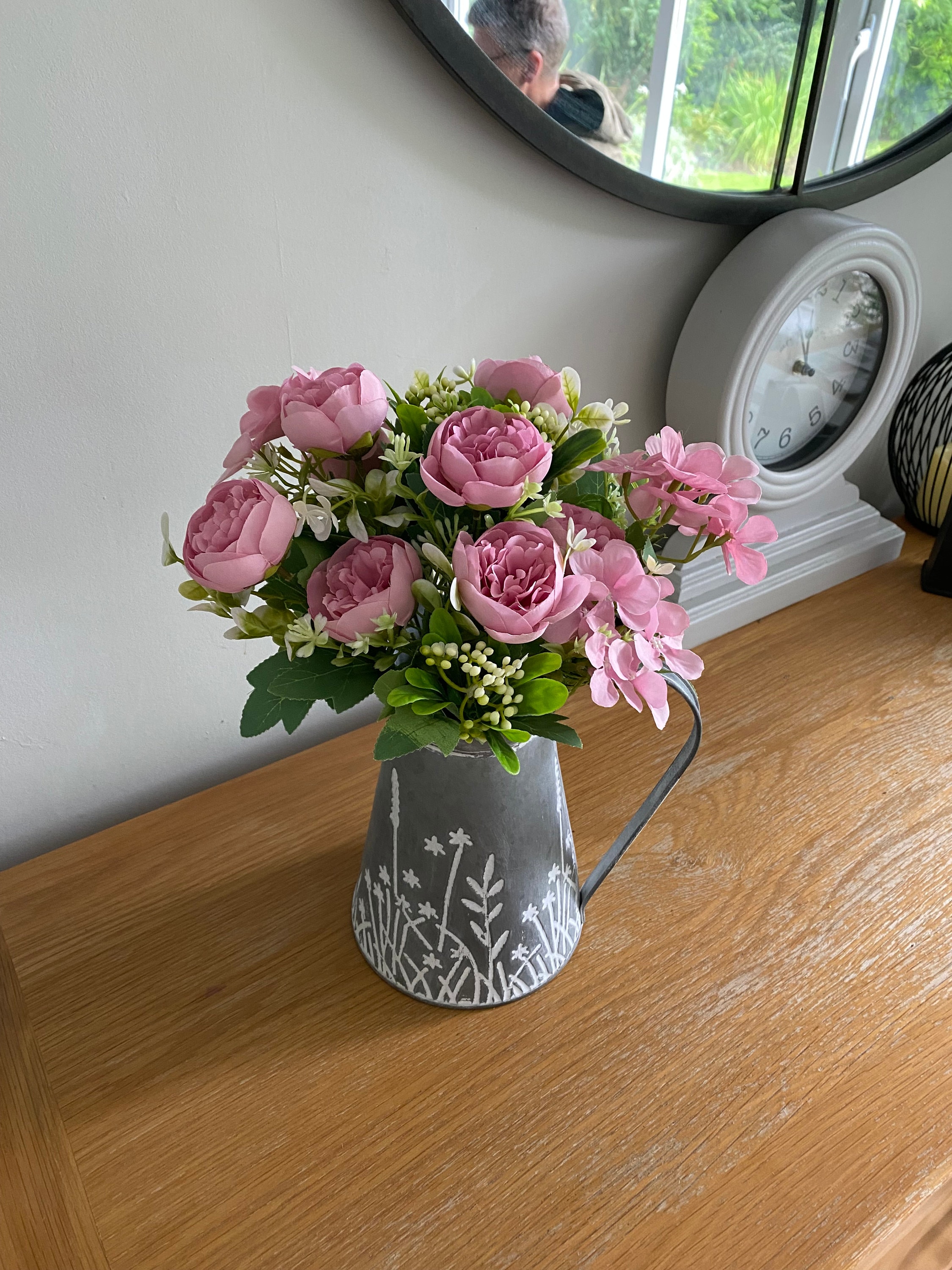 Blush Pink Flower Arrangement in a Vintage Rustic Metal Jug Flower