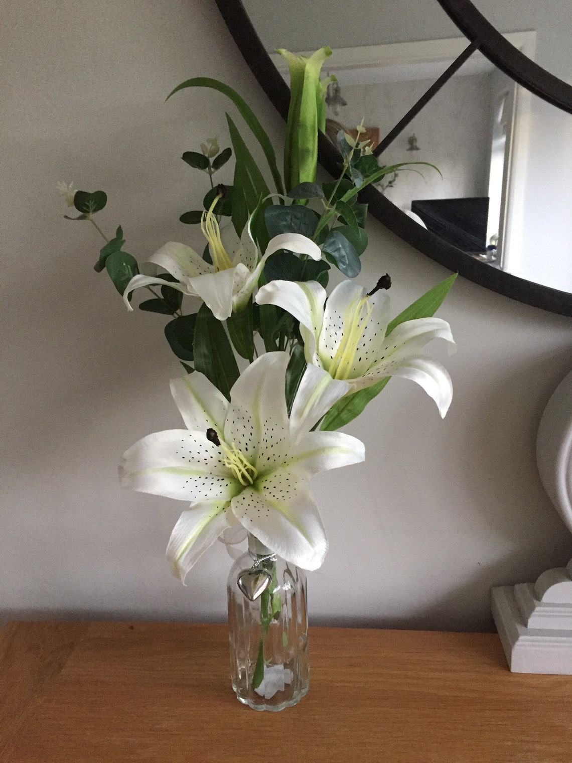 Artificial silk Lily Flower Arrangement with Glass Vintage Etsy