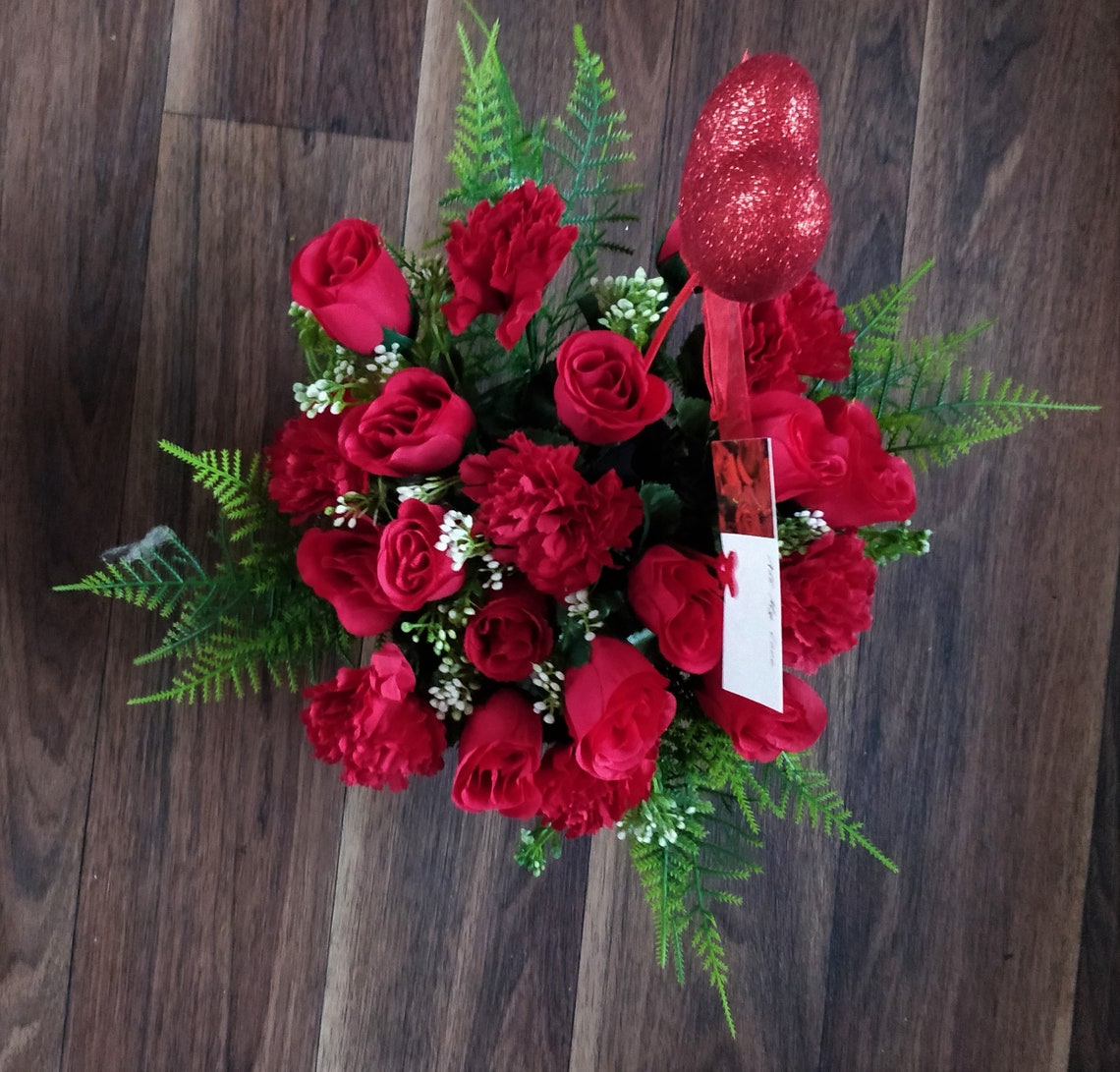 Red Rose Artificial Flower Graveside Arrangement Display Etsy