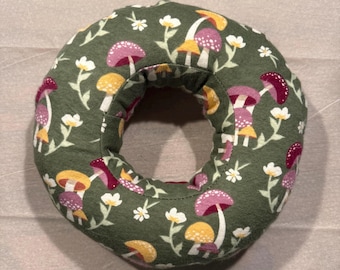 Ear Piercing Pillow, Donut Pillow, Ear Pillow, CNH Pillow, Flannel Mushrooms on Green