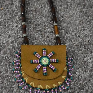 Handcrafted Deer Hide Medicine Pouch: Beaded Flower, Bone & Wood Beads