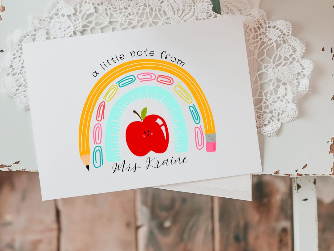 Custom Teacher Note Cards, Personalized Stationery, Rainbow Apple ...