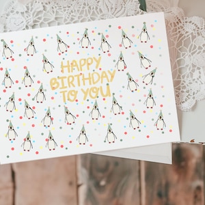 Party Penguins Happy Birthday Card - Cute Animal Birthday Card- Penguin Birthday Card- Penguin Lover Birthday Card- Friend Birthday Card