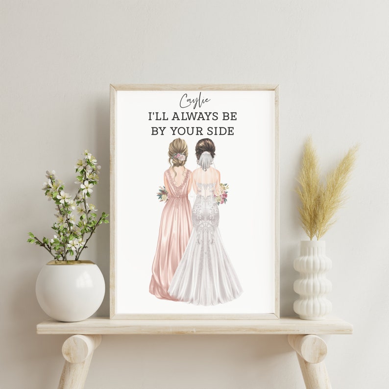 PRINT FROM HOME Personalized Bride and Maid of Honor Art, Best Friend Wedding Day, Marriage Portrait Gift, Best Friend Wedding Illustration image 1