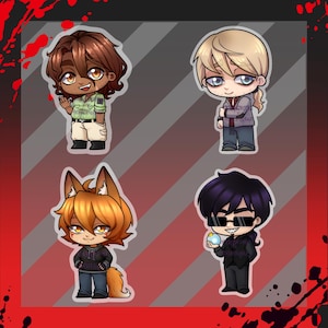 May include: Four cartoon character stickers. The characters have different hair colors and outfits. One is wearing a green shirt and khaki pants. Another has blonde hair and a gray hoodie. A third is a fox-like character. The last is wearing sunglasses and a black suit.