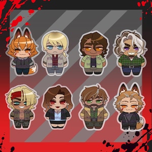 May include: A collection of eight cartoon character stickers. Each sticker features a unique character with different hair colors, outfits, and expressions. Some characters have animal features. The background is red with blood splatter.
