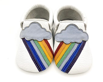 White Rainbow Baby Shoes, Toddler Moccasins, Walking Shoes, Baby Slippers, Rainbow Moccasins, White Baby Shoes, Baby Shower Gifts
