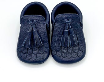 Tassel Baby Shoes, Fringe Baby Moccasins, Baby Boy Fringe Moccasins, Baby Shower Gifts, Navy Leather Slippers, Monogrammed Shoes