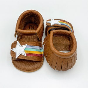 Baby Fringe Sandals, Rainbow Sandals, Baby Girl Sandals, Leather Infant Sandals, Brown Moccasins, Adjustable Straps, Sandal Moccasins