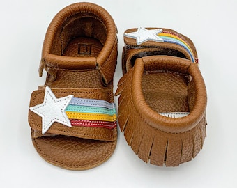 Baby Fringe Sandals, Rainbow Sandals, Baby Girl Sandals, Leather Infant Sandals, Brown Moccasins, Adjustable Straps, Sandal Moccasins