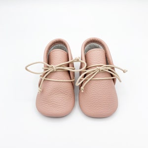 Pebble Pink Leather Booties, Pebble Pink Oxford Baby Shoes, Pink Baby Booties, Pink Lace Up Booties, Pink Toddler Moccasins, Cute Baby Boots