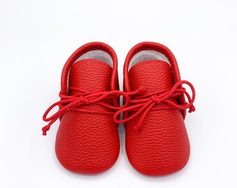 Red Lace Up Booties, Red Oxford Toddler Shoes, Red Baby Booties, Red Leather Moccasins, Non-slip Baby Booties, Gift for Baby