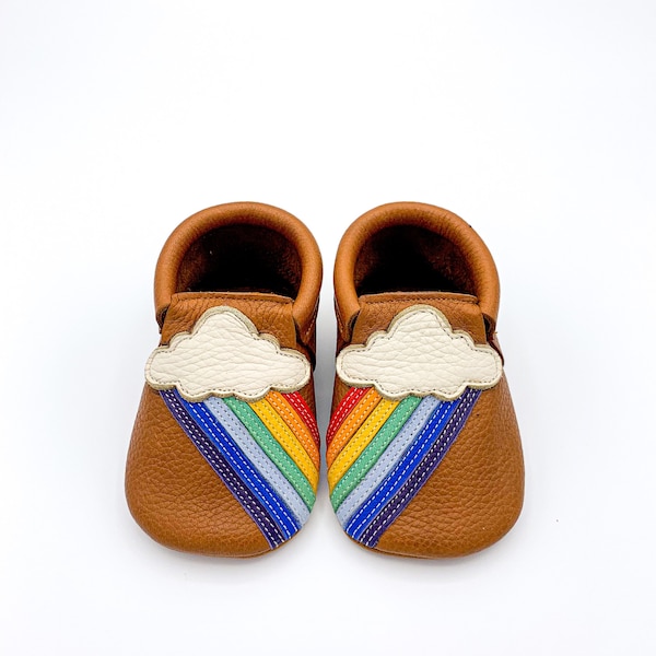 Rainbow Moccasins, Soft Sole Baby Shoes, Leather Baby Slippers, Soft Crib Shoes, Brown Baby Shoes, Toddler Moccasins, Baby Shower Gifts