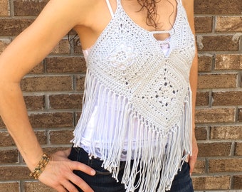 Crochet Fringe Halter Top: Boho Festival Cotton Crop Top