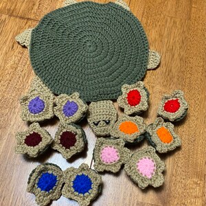 May include: A crocheted turtle with a green shell and 12 colorful crocheted flowers. The flowers are in various colors, including red, orange, yellow, green, blue, purple, and pink.