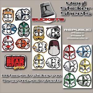 May include: Three sheets of vinyl stickers featuring Star Wars clone trooper helmets. The stickers are 2 inches in diameter and come in a variety of colors, including red, blue, green, yellow, and white. The sheets are labeled "Republic" and include "Phase I", "Phase II", and "Commanders".