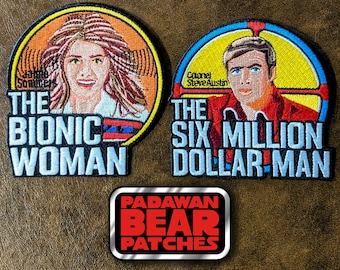 3.5-inch "The Six Million Dollar Man" and "The Bionic Woman" Kenner toy logo embroidered iron-on patches