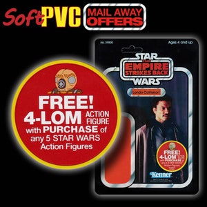 Pode incluir: Uma figura de ação vintage de Star Wars de Lando Calrissian em um cartão preto. Um adesivo promocional circular vermelho oferece uma figura de ação 4-LOM grátis com a compra de cinco figuras de Star Wars. O texto "Soft PVC" e "Mail Away Offers" também são visíveis.