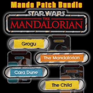 May include: A collection of embroidered patches from "The Mandalorian" series. The patches feature the show's title, character names such as "Grogu" and "Cara Dune", and logos. The patches have a black background with red, yellow, blue, and orange text.