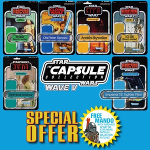 May include: A collection of Star Wars action figures in vintage-style packaging. The figures are from the Star Wars: The Capsule Collection Wave V series. The figures include Bossk, Obi-Wan Kenobi, Anakin Skywalker, IG-88, Admiral Ackbar, and an Imperial TIE Fighter Pilot. A special offer is included for a free Mandalorian figure with the purchase of six Star Wars Capsule Collection patches.